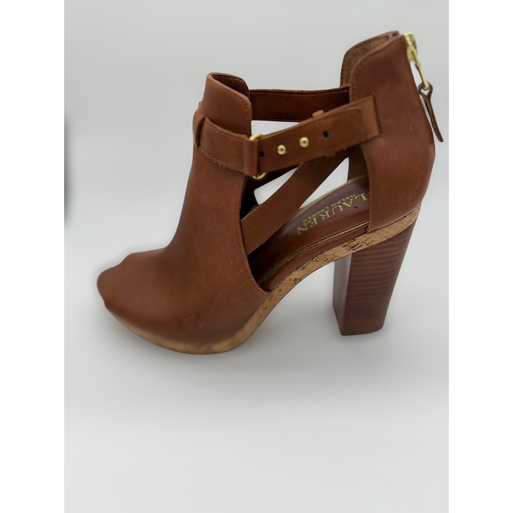 Lauren Ralph Lauren Brown Leather Peep Toe Cutout Block Heel Booties Cognac
